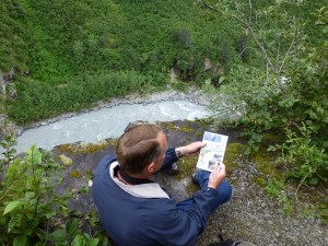 Looking down at Lowe River at the gulch Bridal Veil Falls at Keystone Canyon