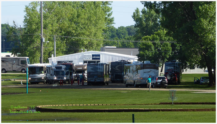 RV's lined up at the 10-port dump station as they leave town