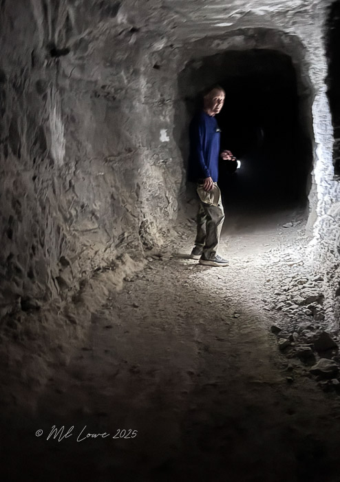 Person standing in a dimly lit cave, holding a flashlight and looking down a rocky tunnel.