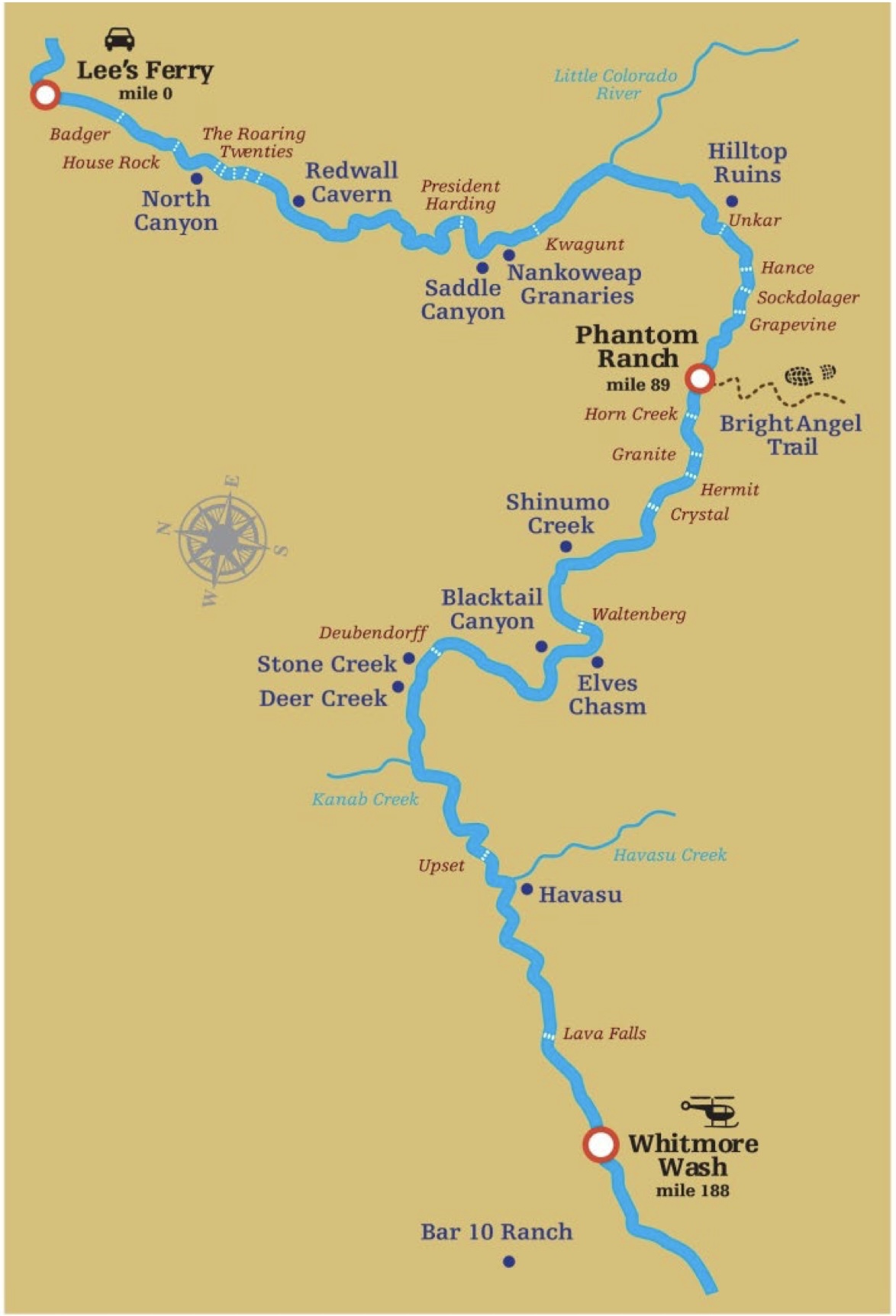 Map of the Colorado River from Lee's Ferry to Whitmore Wash, detailing significant locations and mile markers along the Grand Canyon.
