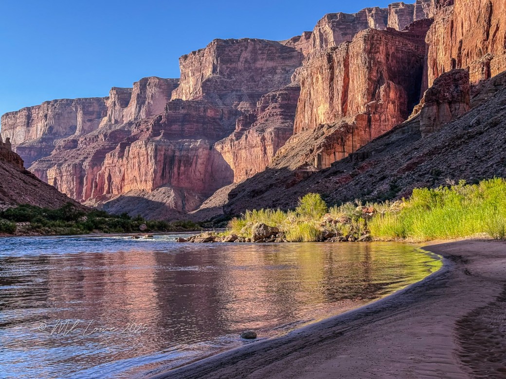 Scenic view of the Grand Canyon with towering red rock formations and the calm waters of the Colorado River in the foreground, captured during a sunset.
