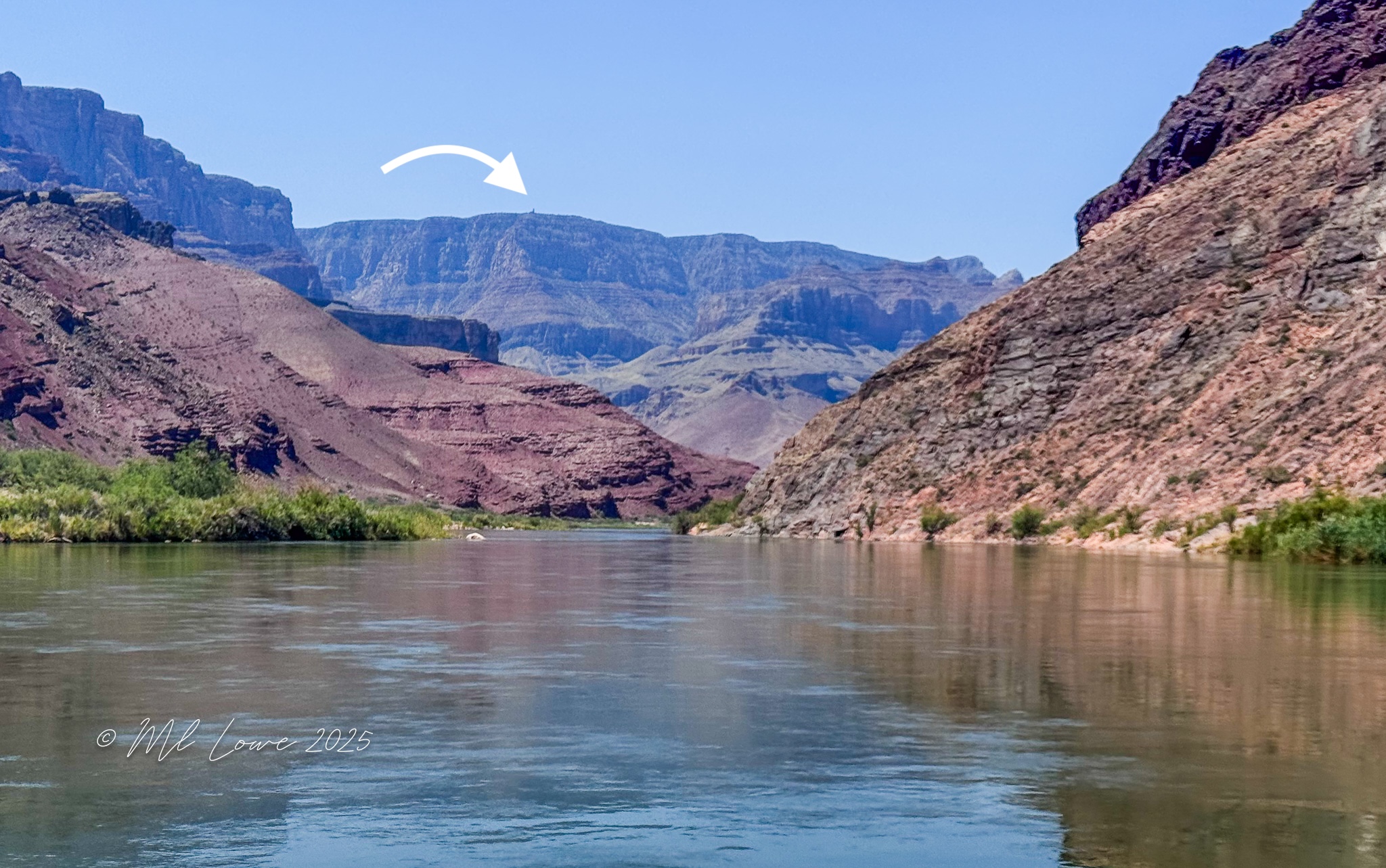 A view of the Colorado River with steep canyon walls on either side and the distant cliffs of the Grand Canyon under a clear blue sky.