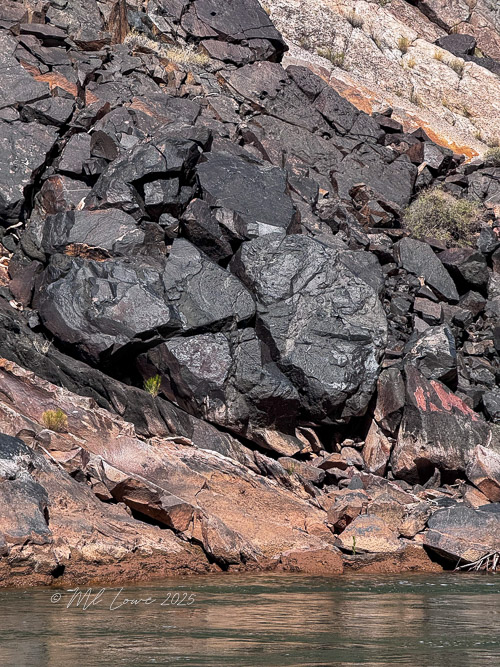 Large dark rocks and boulders along the shoreline of the Colorado River in the Grand Canyon.