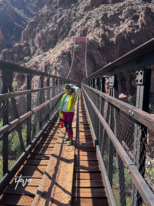 A person standing on a suspension bridge in the Grand Canyon, surrounded by rugged rock formations.