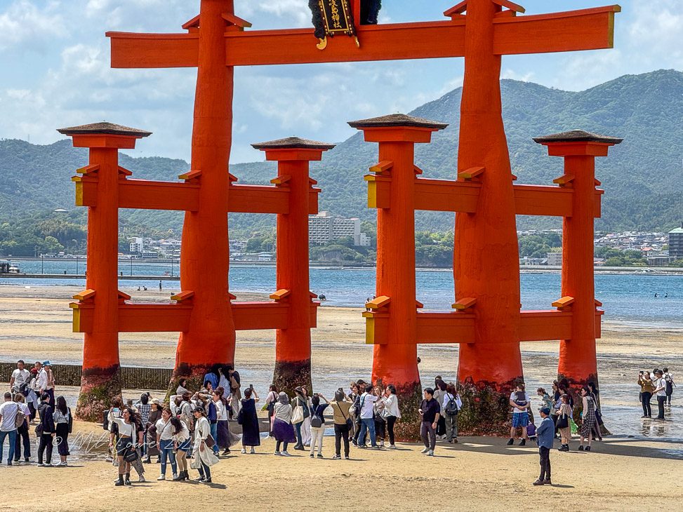 Tourists gathered around the iconic Torii Gate at Itsukushima Shrine on Miyajima Island, with mountains and water in the background.