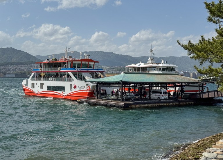 Ferry boats docked at a terminal by the water, with mountains visible in the background under a partly cloudy sky.