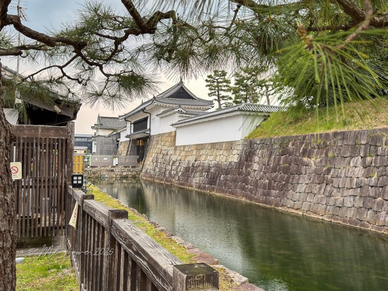 A scenic view of a traditional Japanese building beside a calm waterway, framed by pine trees.