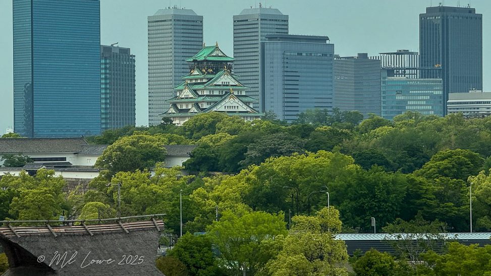 Panoramic view of Osaka, Japan, showcasing a mix of modern skyscrapers and the historic Osaka Castle surrounded by greenery.