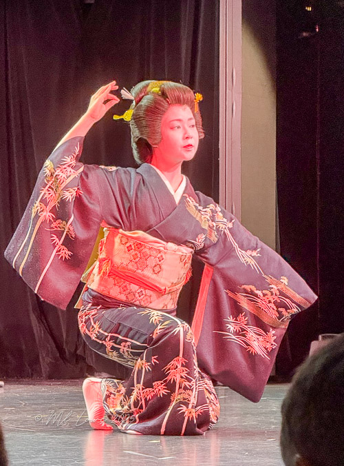 A geisha performing a traditional dance in colorful attire on stage, showcasing cultural art and elegance.