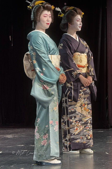 Two geishas dressed in traditional Japanese kimonos, one in a light blue floral kimono and the other in a dark kimono with intricate designs, posing gracefully on stage.