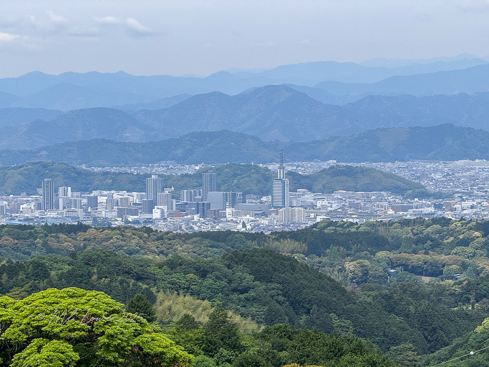 Panoramic view of Shimizu City with lush greenery in the foreground and mountains in the background.