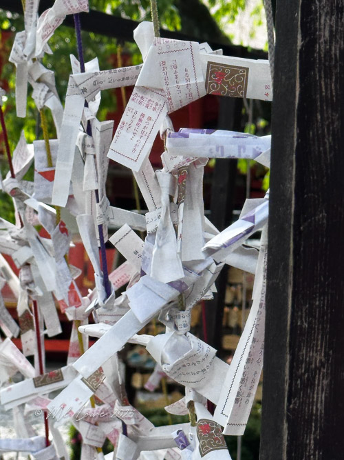 Close-up of small Japanese omikuji fortune papers tied to a wooden structure, creating a colorful display.