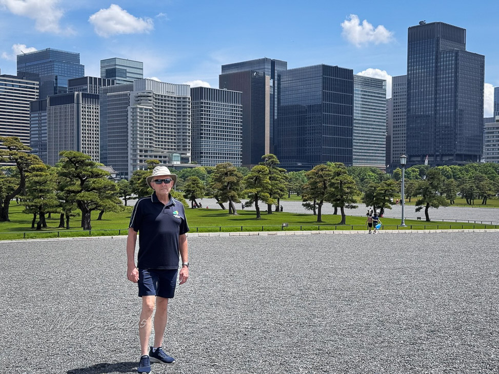 A person standing in a park with a backdrop of modern skyscrapers in Tokyo, Japan, featuring green trees and blue sky.