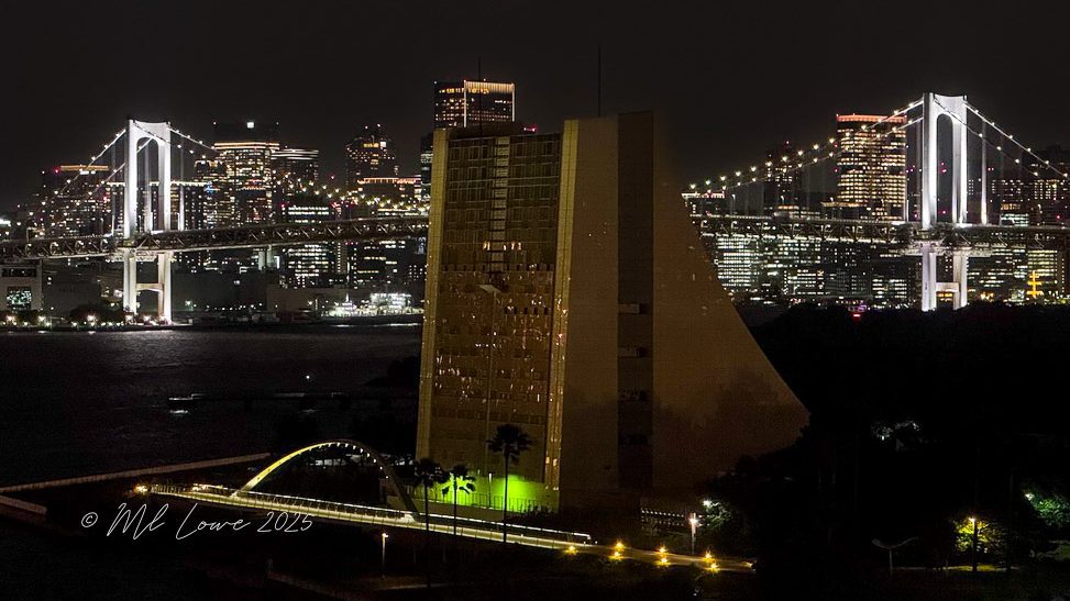 Night view of Tokyo's skyline featuring the Rainbow Bridge and illuminated buildings.