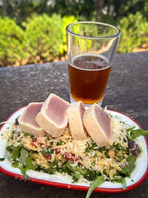 A plate of salad topped with four slices of seared tuna, accompanied by a glass of beer.