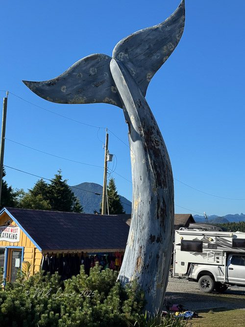 A large, weathered whale tail sculpture stands prominently against a clear blue sky, with mountains in the background and a small building in the foreground.