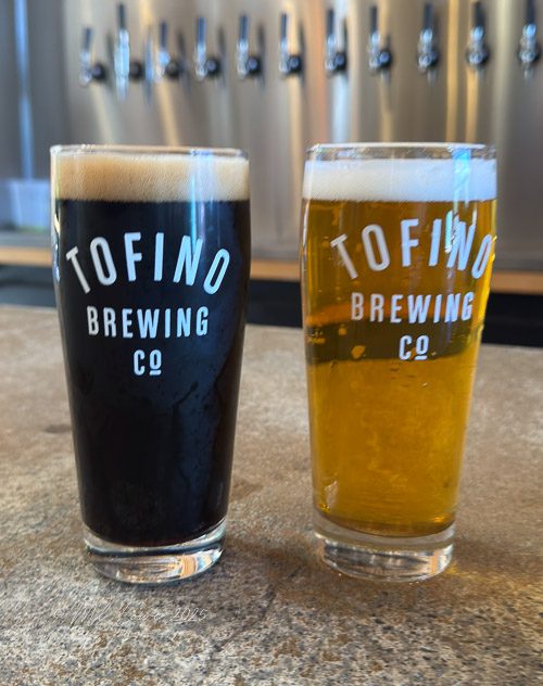 Two glasses of beer from Tofino Brewing Company, one dark and one light, displayed on a table.