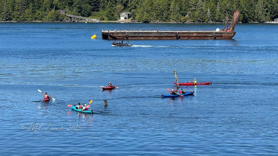 A scenic view of kayakers paddling in calm waters near a docked barge, surrounded by green trees.