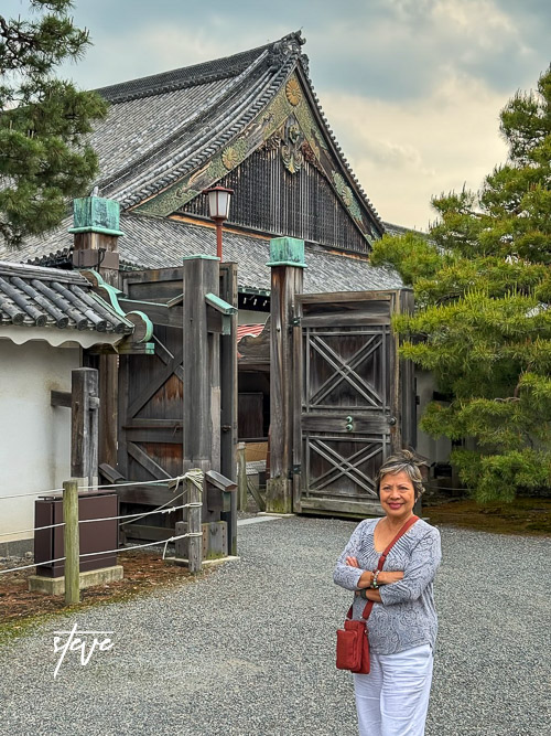 A woman stands in front of an ornate wooden entrance gate, showcasing traditional Japanese architecture with intricate detailing.