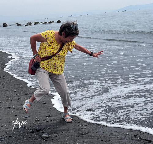 A person in a yellow floral shirt playfully interacts with ocean waves on a black sand beach.