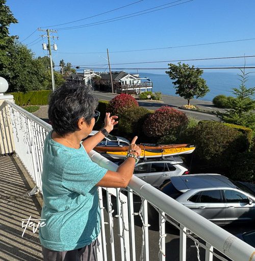 Person standing on a balcony overlooking a scenic view of the ocean and nearby houses, gesturing with one hand.