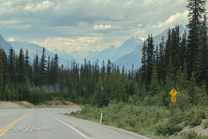 A winding road through lush green forest with towering mountains in the background under a cloudy sky.