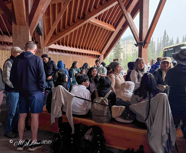 A crowded waiting area with diverse groups of people sitting and standing under a wooden structure, anticipating transportation.