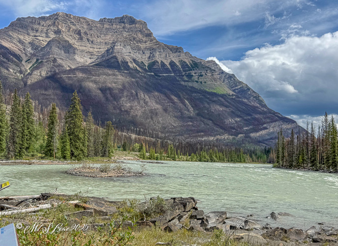 A picturesque view of a river with lush greenery and a towering mountain in the background under a partly cloudy sky.