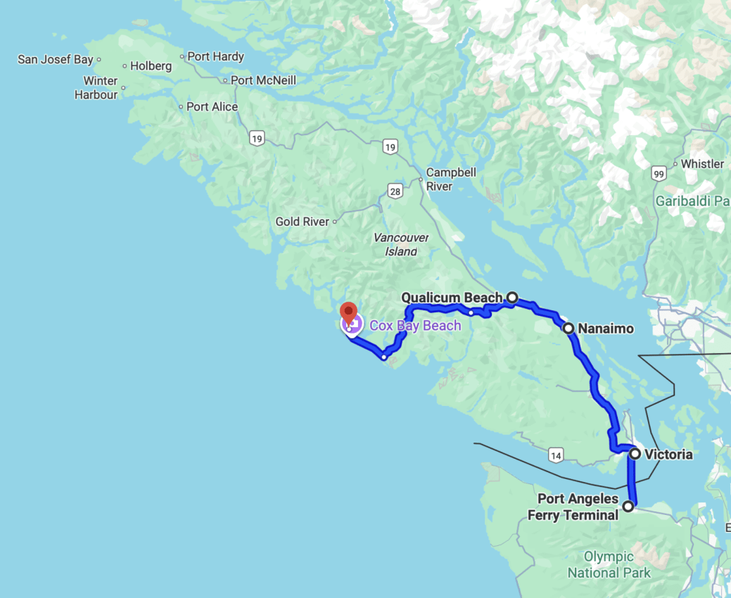 A map showing the route from Port Angeles, Washington, to various locations on Vancouver Island, including Qualicum Beach, Nanaimo, and Victoria, highlighted with a blue line.