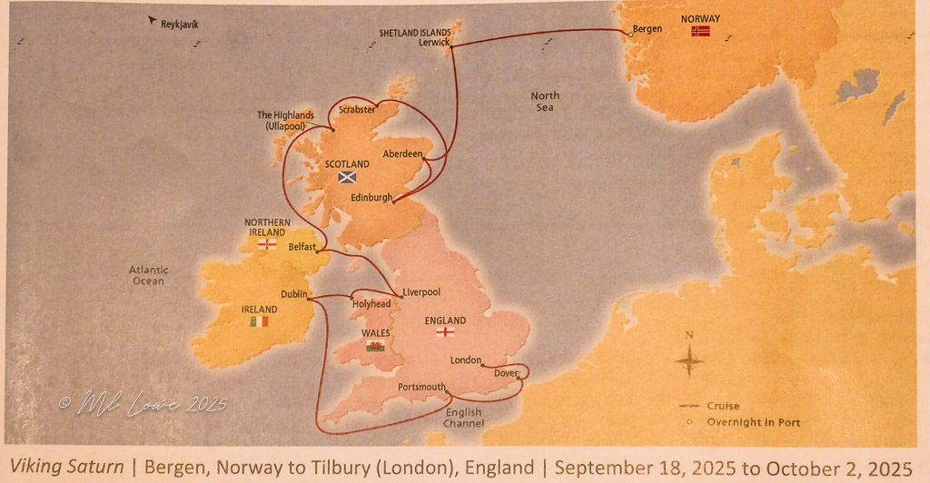 Map outlining the Viking Saturn cruise itinerary from Bergen, Norway to Tilbury (London), England, highlighting ports in Scotland, Northern Ireland, Ireland, Wales, and England.