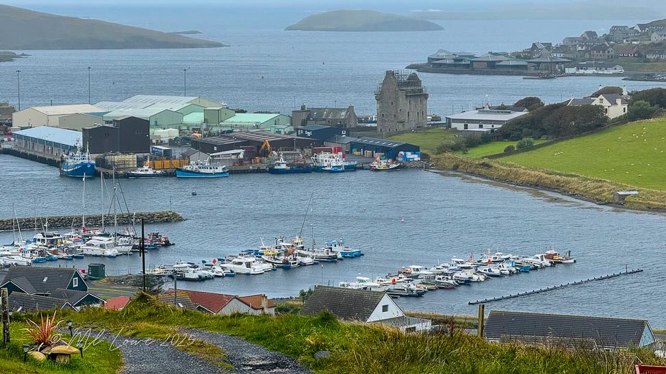 A scenic view of Lerwick harbor in the Shetland Islands, featuring a mix of boats docked at the harbor, industrial buildings, and green hills in the background under an overcast sky.