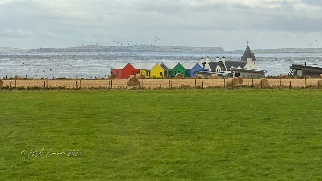 Colorful houses along the coast with rolling hills in the background and a gray sky above.