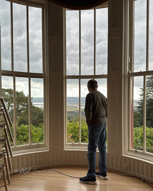 A person standing by a large bay window, looking out at a scenic view filled with greenery and a cloudy sky.