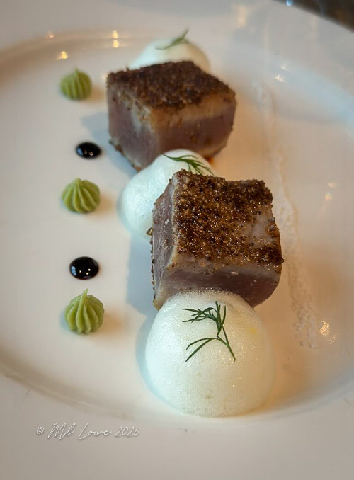 A beautifully presented dish featuring two cubes of seared meat atop creamy foam with green garnishes and black sauce, arranged elegantly on a white plate.