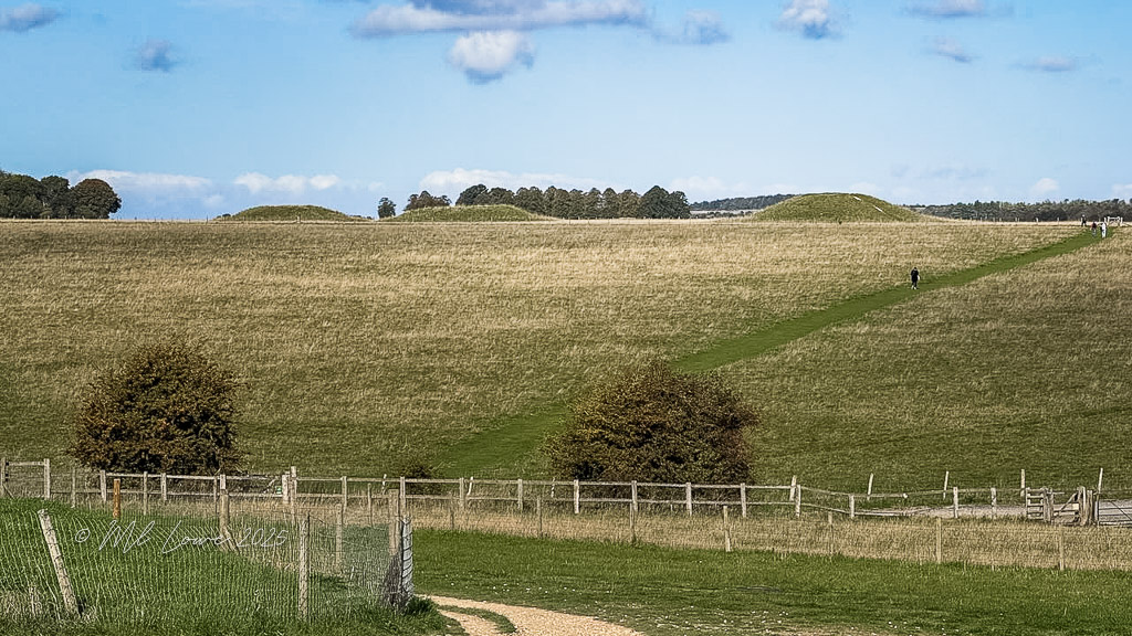 A scenic view of grassy hills and ancient burial mounds under a blue sky with fluffy clouds, with walking paths visible and trees in the background.