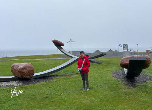 A child wearing a red jacket stands on a grassy area near modern sculptures resembling abstract rocks and curves, with a view of the ocean in the background on a cloudy day.