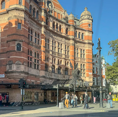 Exterior view of the Palace Theatre in London, featuring the 'Harry Potter and the Cursed Child' sign and pedestrians in front.