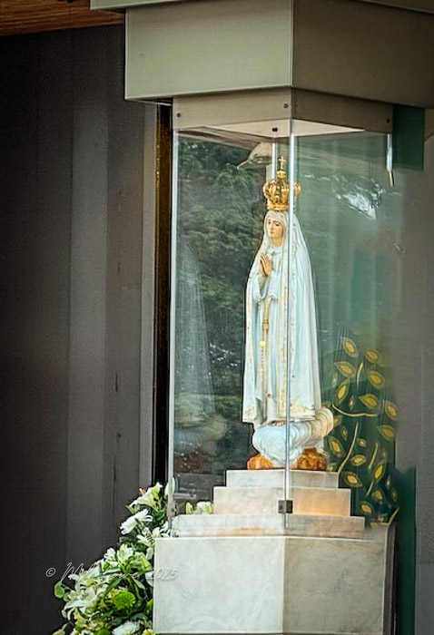 A statue of the Virgin Mary, adorned with a crown, displayed in a protective glass case, surrounded by flowers.