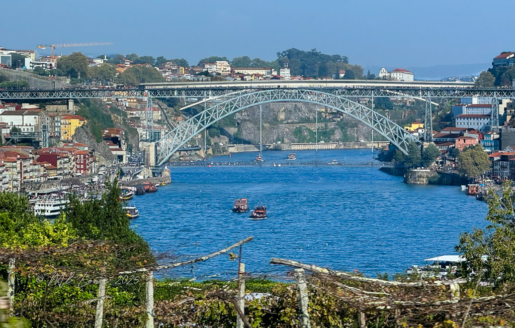 A scenic view of the Douro River in Porto, Portugal, showcasing the iconic bridge spanning the river and colorful buildings along the bank.