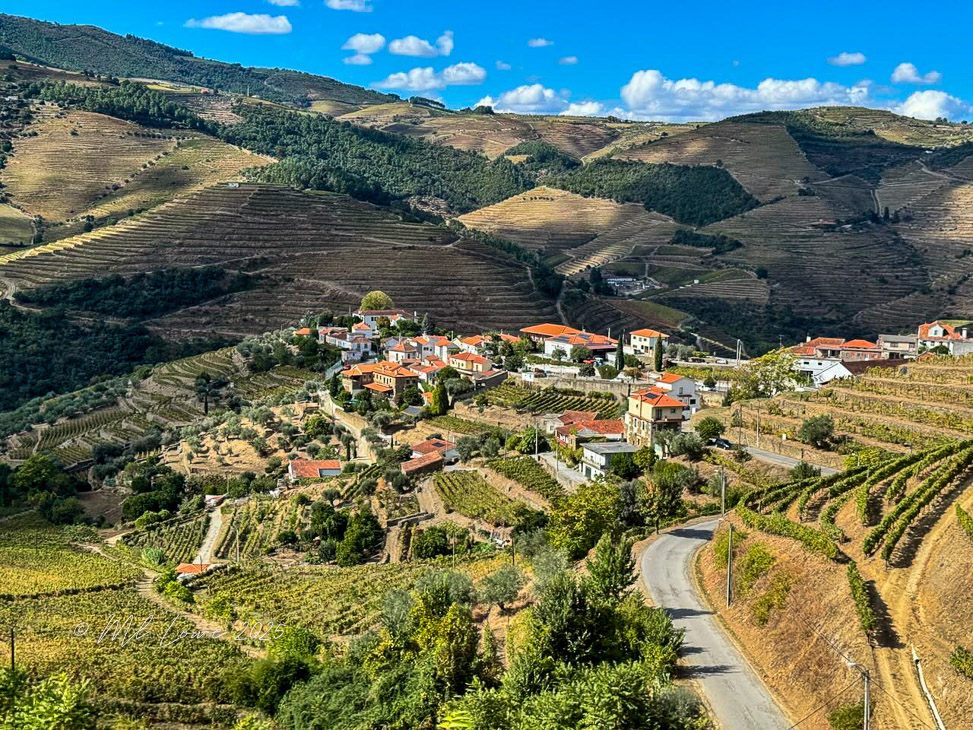 A scenic view of terraced vineyards and a small village nestled in the hills of the Douro Valley, Portugal, under a blue sky with fluffy clouds.