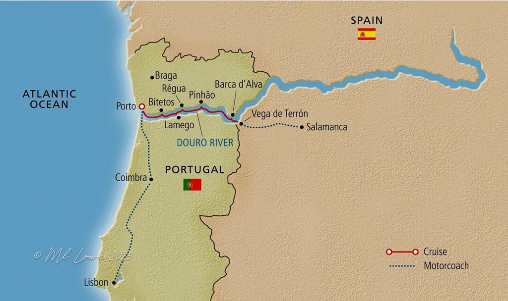 Map illustrating the Douro River cruise route in Portugal, highlighting key locations such as Porto, Peso da Régua, and Pinhão.