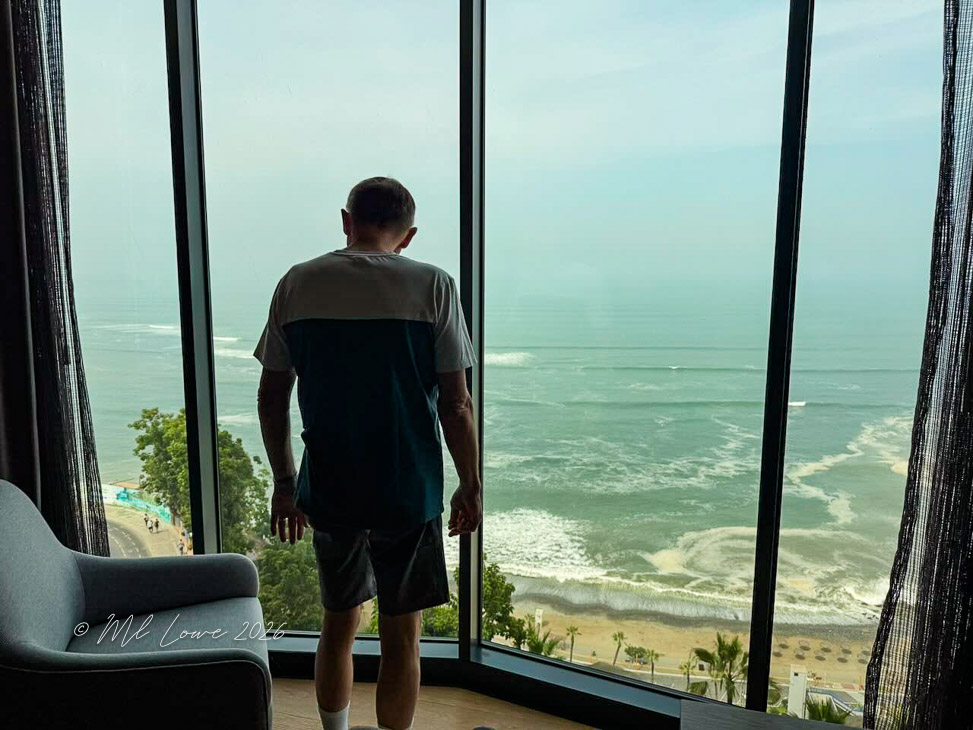 A person standing by a large window overlooking the ocean, with waves crashing on the beach and palm trees in view.