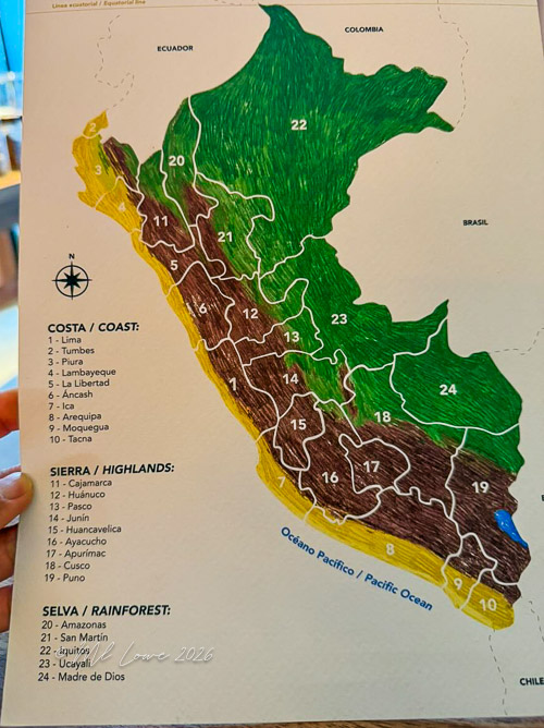 A colored map of Peru showcasing three regions: Costa (Coast), Sierra (Highlands), and Selva (Rainforest), with numbered locations and a compass rose indicating north.