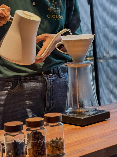 A person wearing a green shirt is pouring water from a white kettle into a coffee dripper set over a glass carafe on a wooden counter. In the foreground, there are jars containing coffee beans.