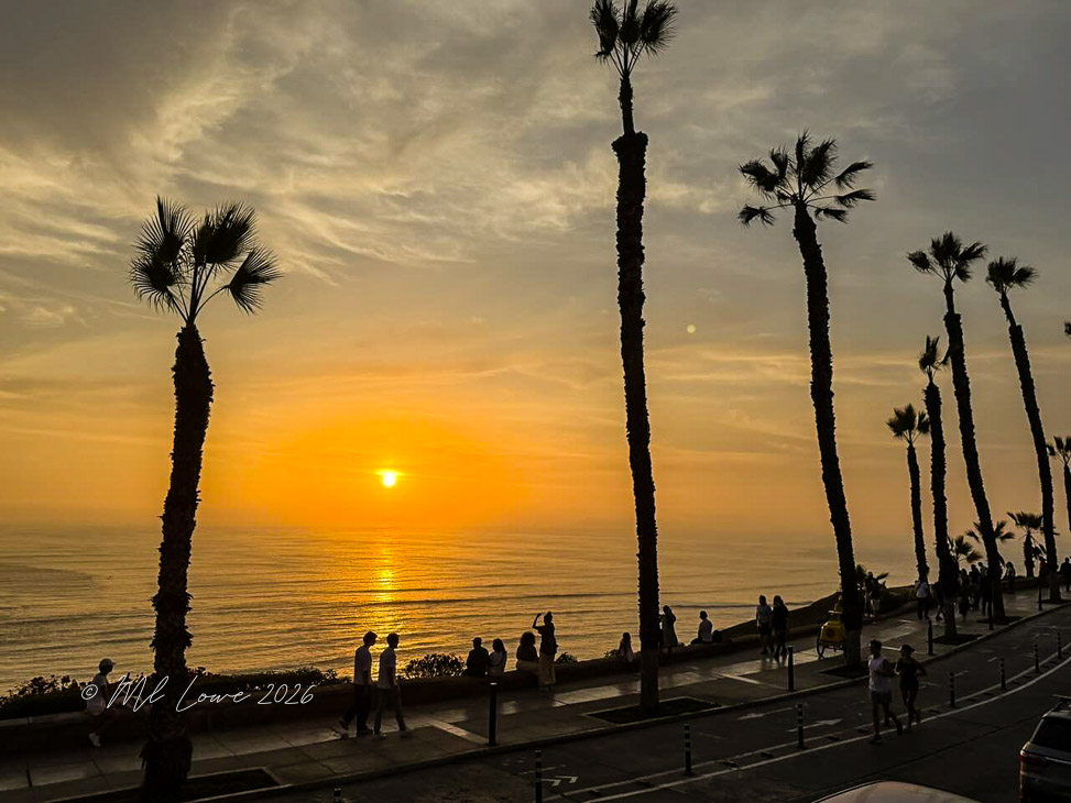 A sunset view over the ocean, with palm trees lining a walkway. Silhouettes of people can be seen along the path as the sun sets on the horizon.