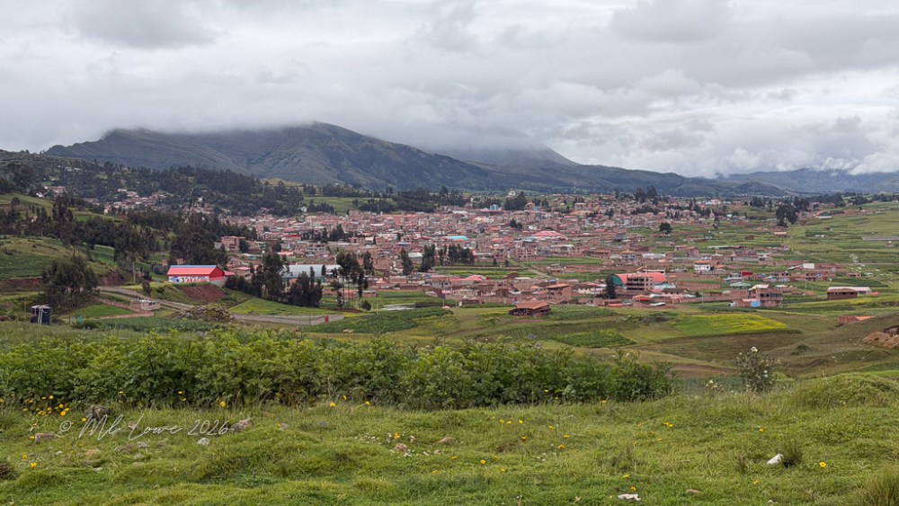 A panoramic view of a rural town nestled in the Andes mountains, with red-tiled roofs and lush green fields under a cloudy sky.