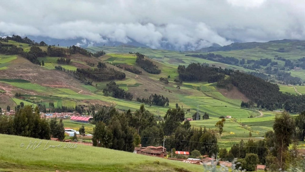 Scenic view of green rolling hills and fields under a cloudy sky in Peru, with small houses nestled among the landscape.