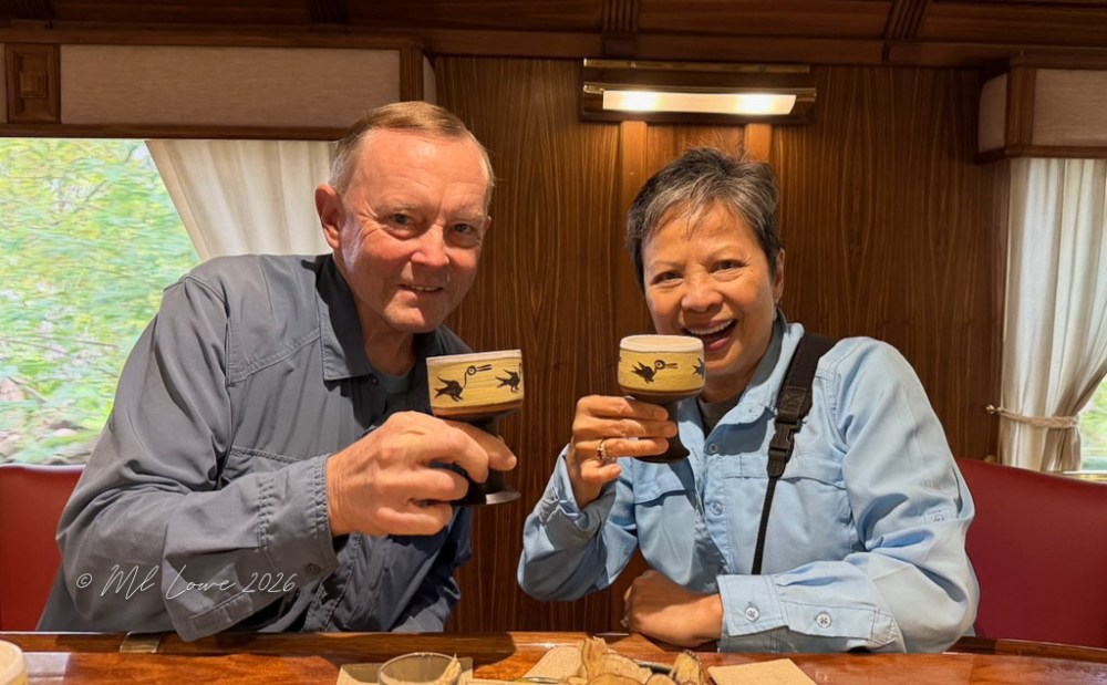 Two smiling people holding up wooden mugs in a cozy setting, with a window showing greenery in the background.