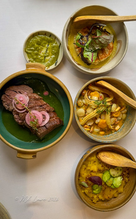 A beautifully arranged plate featuring slices of beef adorned with pink radishes atop a bed of green sauce, accompanied by three smaller bowls of various dishes: one with vegetables and herbs, another with colorful grains and baby corn, and a third with a creamy, spiced mixture.