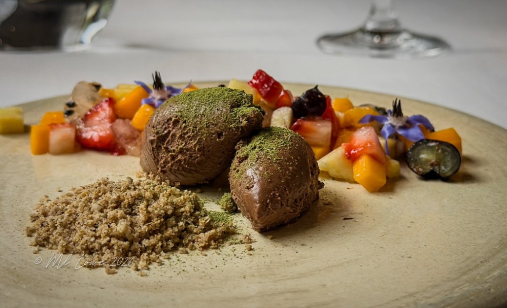 A plate featuring two scoops of chocolate mousse dusted with green matcha powder, accompanied by a colorful assortment of fresh fruit pieces and a sprinkling of crumbly topping.
